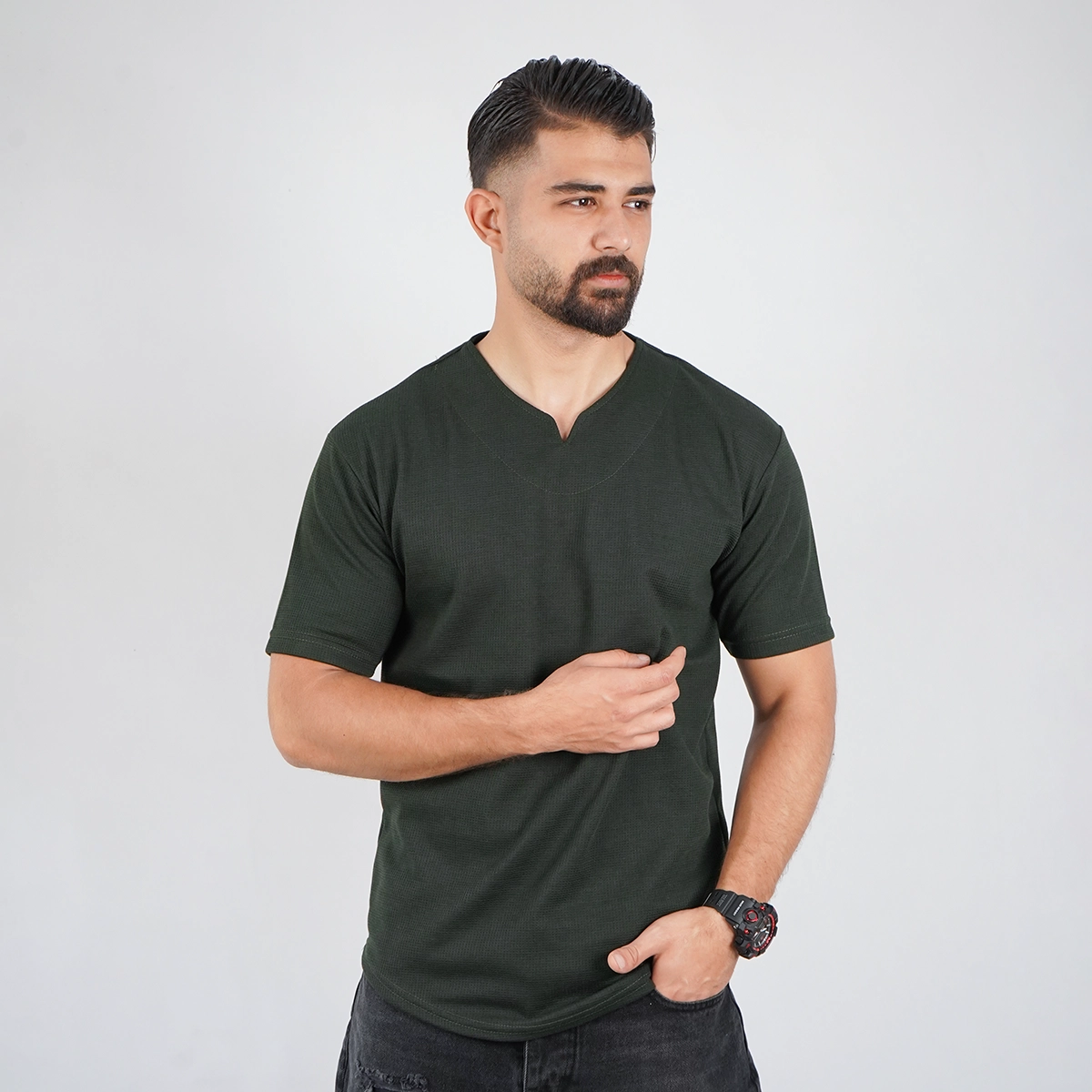 تیشرت سبز یقه کوبایی مردانه مدل Sorad