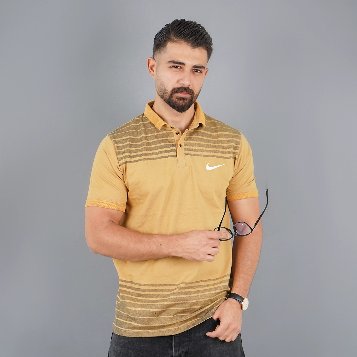 تیشرت یقه دار راه راه زرد مدل Farhan