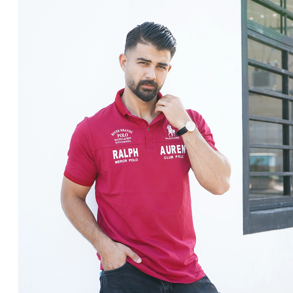 تیشرت یقه دار قرمز مردانه مدل Ralph