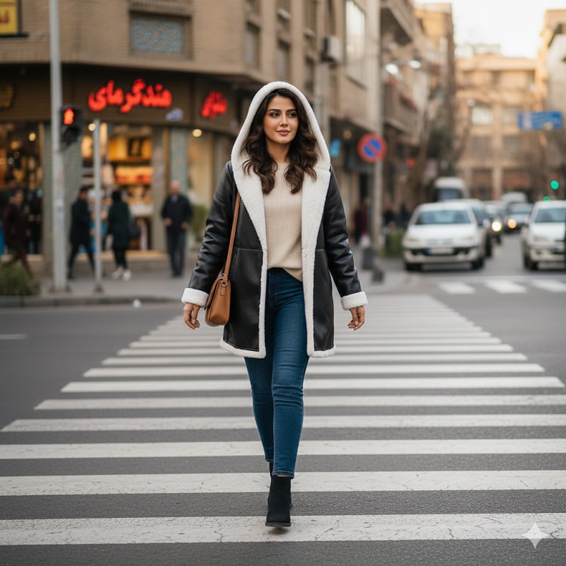 شنل چرم خز سفید زنانه مدل Sara