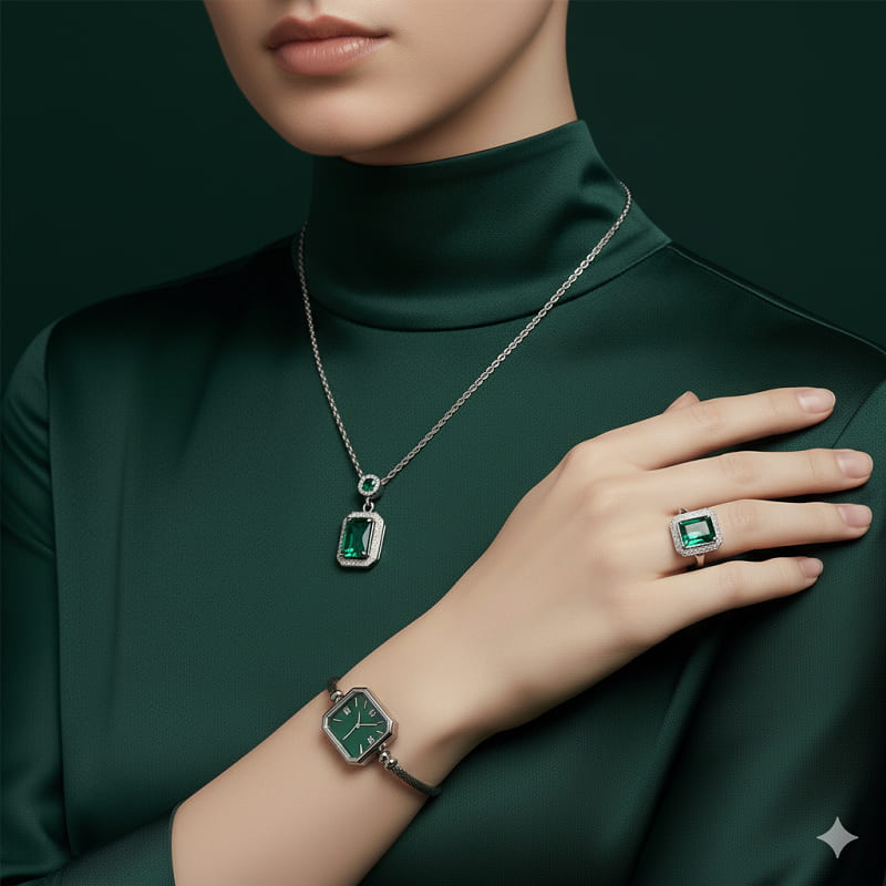 ست زنانه ساعت و گردنبند و انگشتر مدل زمرد-نقره ای