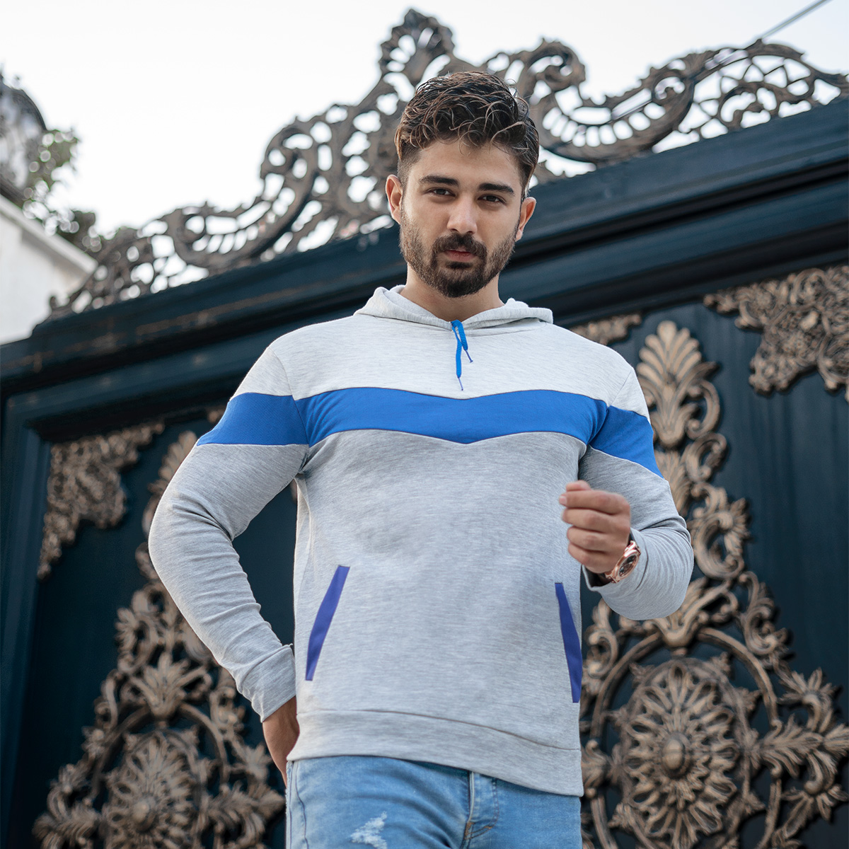 هودی مردانه مدل aykan دو رنگ ملانژ آبی