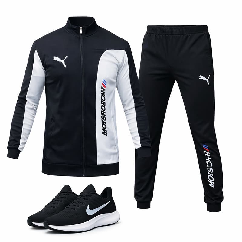 ست سوییشرت شلوار مردانه مشکی مدل MotorSport کفش ورزشی مردانه Nike مدل Tigo زیره سفید