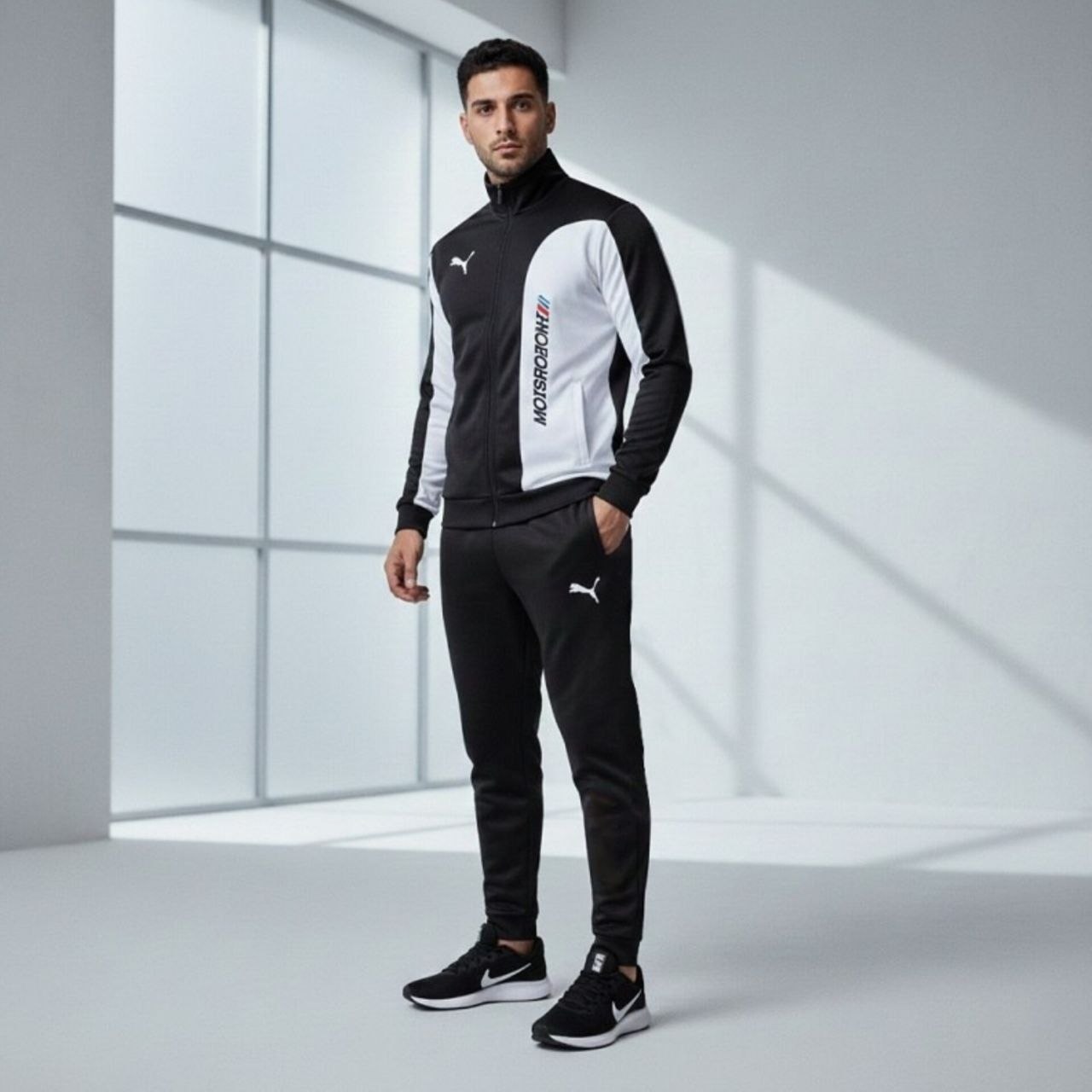 ست سوییشرت شلوار مردانه مشکی مدل MotorSport کفش ورزشی مردانه Nike مدل Tigo زیره سفید