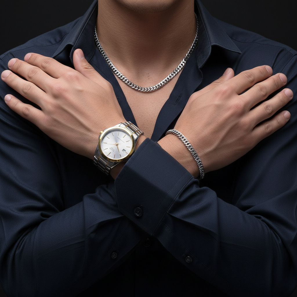 پکیج ساعت عقربه ای نقره ای طلایی صفحه سفید Casio مدل Edmon  دستبند و گردنبند کارتیه رنگ نقره ای