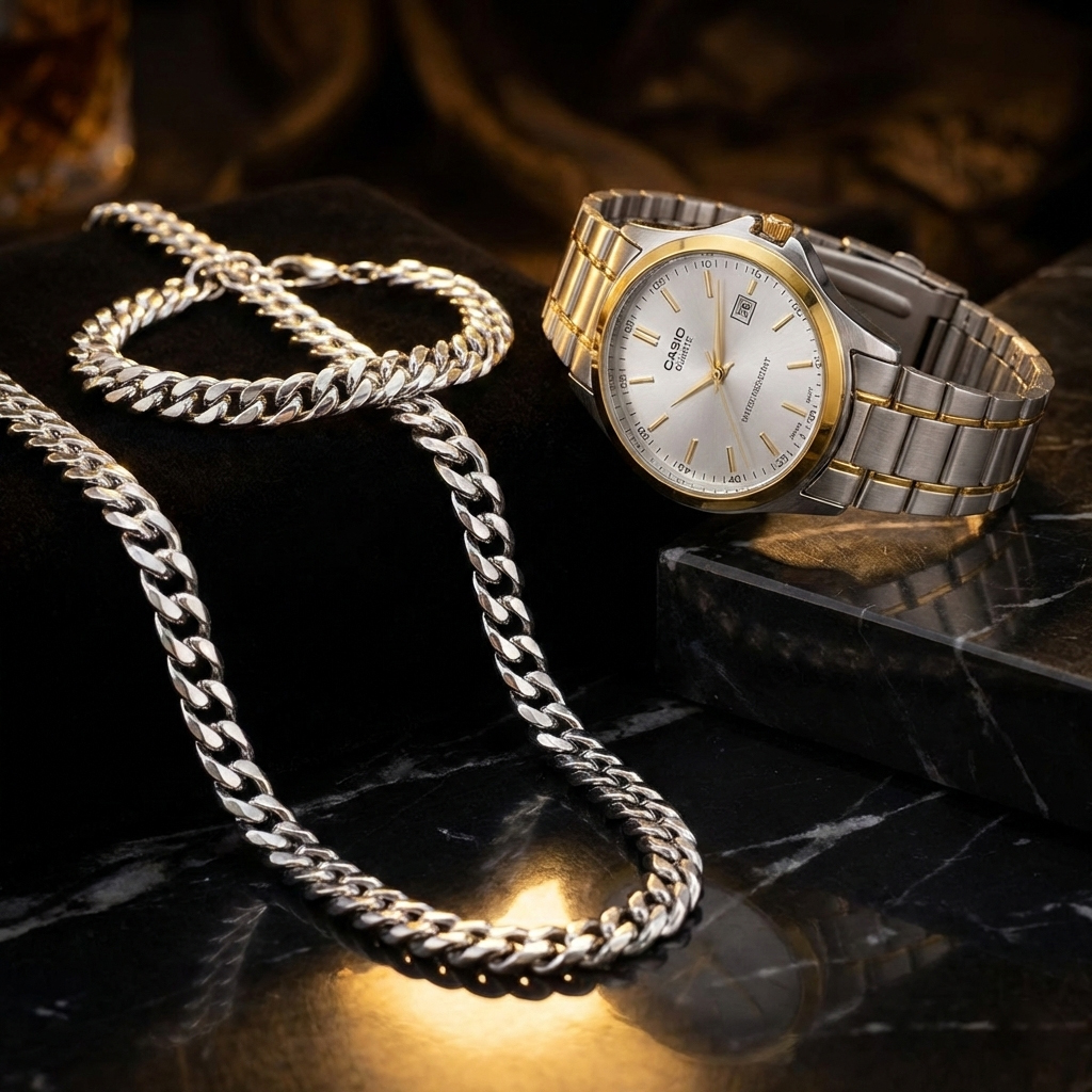 پکیج ساعت عقربه ای نقره ای طلایی صفحه سفید Casio مدل Edmon  دستبند و گردنبند کارتیه رنگ نقره ای