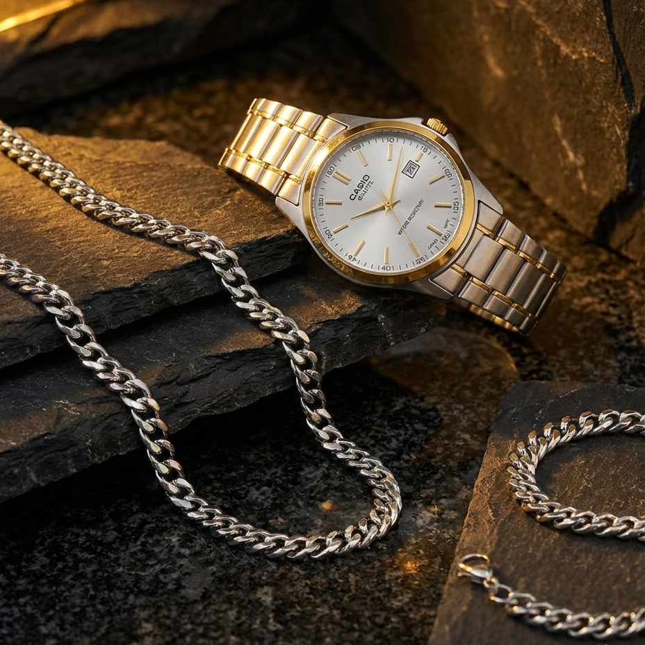 پکیج ساعت عقربه ای نقره ای طلایی صفحه سفید Casio مدل Edmon  دستبند و گردنبند کارتیه رنگ نقره ای
