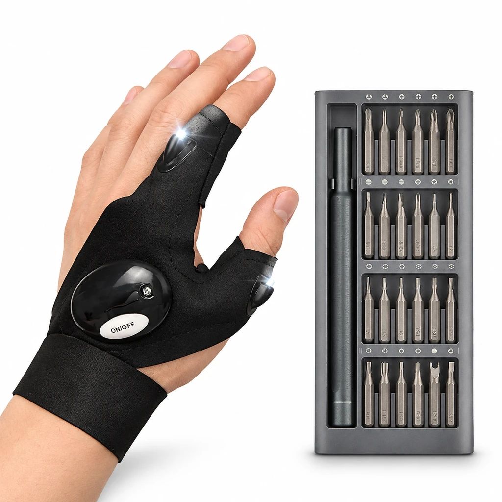 پکیج پیچ گوشتی 24 سر دستکش چراغ دار گلولایت مدل Tactical ویژه