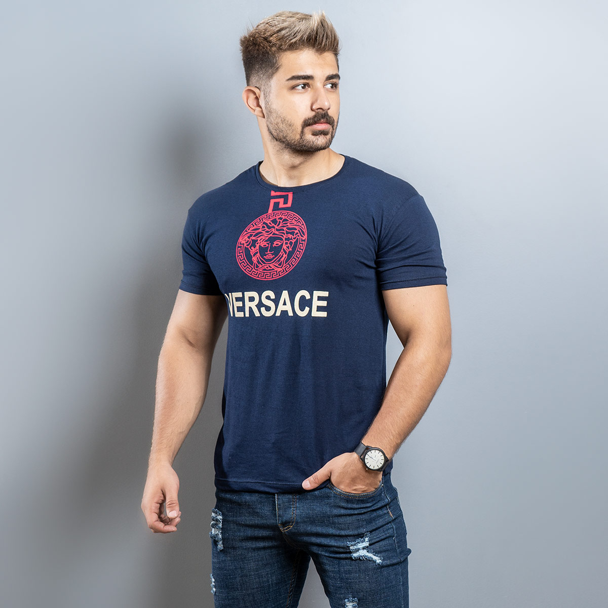 تیشرت Versace مردانه سرمه ای مدل Janatan
