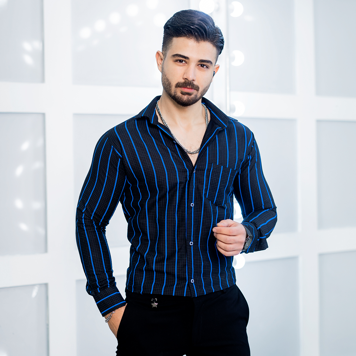 پیراهن مردانه راه راه آبی مدل Melvis
