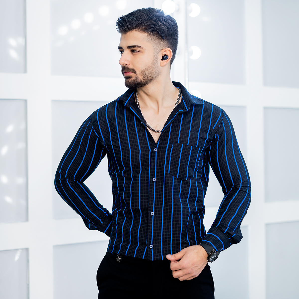 پیراهن مردانه راه راه آبی مدل Melvis